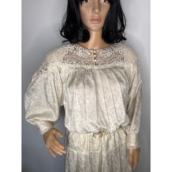 Vintage E.D. Michaels Cream Jacquard Prairie Dress Crochet Lace 80s USA medium - Picture 4 of 13